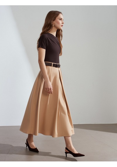 Dilvin 81074 Kemerli Pileli Midi Etek-camel