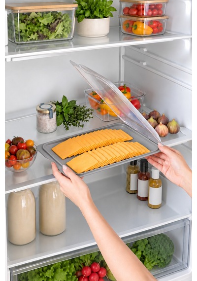 Gıda Saklama Kabı &şeffaf Kapaklı Sığ Şarküteri Saklama Kabı, Buzdolabı Kahvaltılık Peynir Salam Kabı, 35 X 250 X 170 Mm Bpa Free Gri - 934476259 Gri