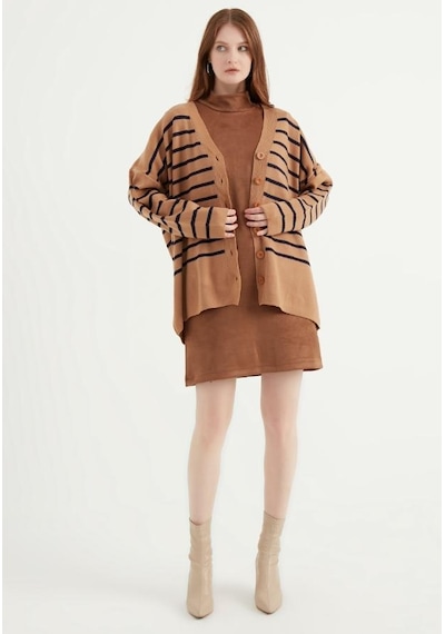 Cizgili Oversize Camel Hırka 23aj0050 Camel