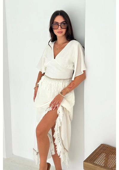 Asprin Fashion Püsküllü Bluz Etek Takım Beyaz Beyaz