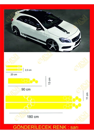 Marşpiyel,kaput,yan Ayna Sticker 5 Li Set 180 11cm , 20 2,5cm , 1 Adet 90 13cm Oto Sticker