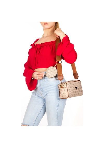 Adelina Bags Kadın Desenli Omuz Çantası Cüzdan Detaylı Çapraz Askılı Bej