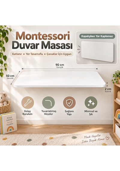 Montessori Masa 90x50 CM Katlanabilir Duvar Masası Çocuk Çalışma Oyun ve Aktivite Masası Beyaz Montessori Masa 90x50 CM Katlanabilir Duvar Masası Çocuk Çalışma Oyun ve Aktivite Masası Beyaz