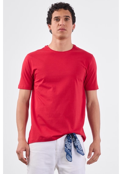 Dufy Kırmızı Bisiklet Yaka Pamuklu Düz Renk Slim Fit Erkek T-shirt Kırmızı