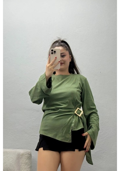 Belendir Kadın Toka Detaylı Kimono Kol Modal Bluz Haki
