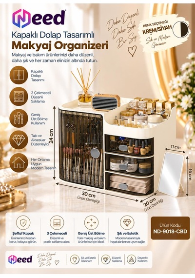 Need Kapaklı Dolap Tasarımlı 3 Çekmeceli Makyaj Organizeri Ve Takı Düzenleyici Krem/siyah Nd-9018-cbd
