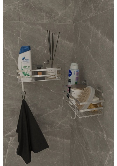 Suntel Krom Renk Yapışkanlı Kancalı 2 Adet Set Banyo Rafı Gri