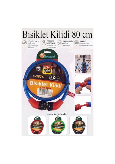 Şifreli Bisiklet Kilidi 80 Cm 1 Adet K-3675 Çelik Halat Plastik Kaplamalı Bisiklet Kiliti Scooter Kapı Şifreli Kilit Mavi
