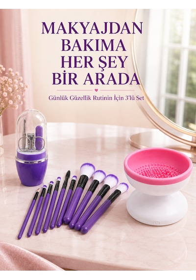 3 Lü - 935 - Güzellik Ve Bakım Seti 12 Li Mor Makyaj Fırçası Fırça Temizleme Cihazı Ve Manikür - Glblseme - Pedikür Tırna