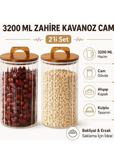 3200 Ml Zahire Kavanozu 2'li Set, Ahşap Kapaklı Kulplu Cam Erzak Saklama Kabı, Büyük Boy Bakliyat Makarna Kahve Kur Genel