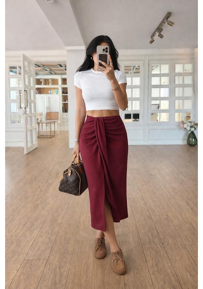 Lijuri Drape Detaylı Anvelop Etek 4089 Bordo