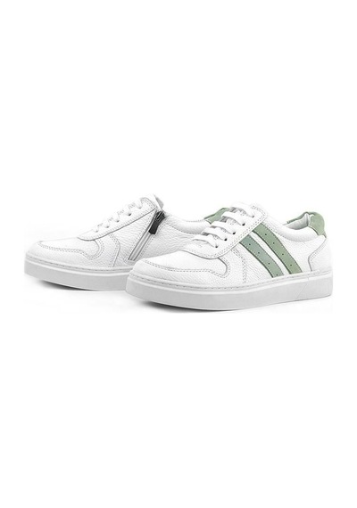 Rakerplus Hakiki Deri Beyaz Yeşil Bağcıklı Fermuarlı Çocuk Sneaker Beyaz