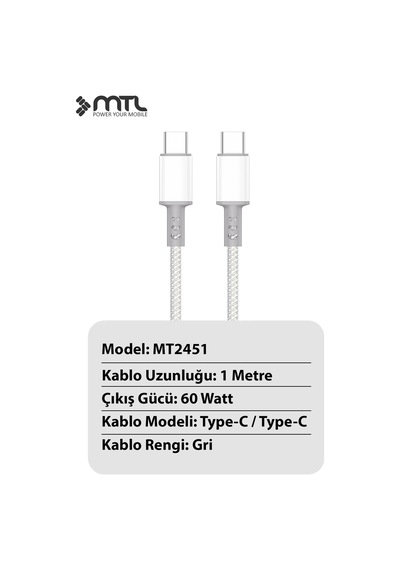 60w Turbo Şarj Destekli Type-c To Type-c Örgülü Hasırlı Data Ve Şarj Kablosu 1 Metre Mt2451