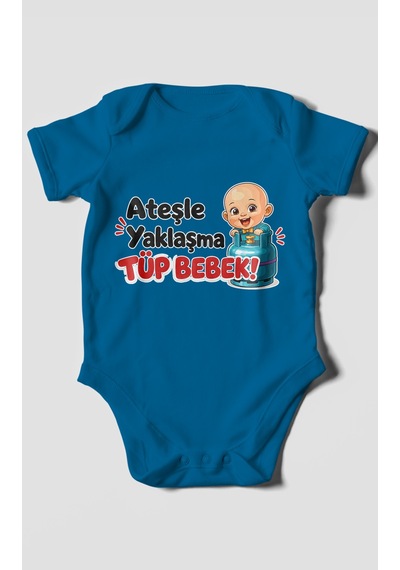 Morivokids Ateşle Yaklaşma Tüp Bebek Kısa Kollu Bebek Body %100 Pamuk Koyu Mavi