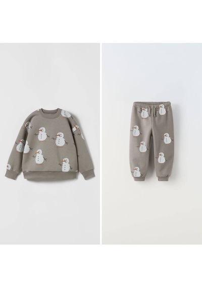 Kardan Adam Desenli Pamuklu Sweatshirt Jogger Eşofman Alt-üst Takım Açık Gri