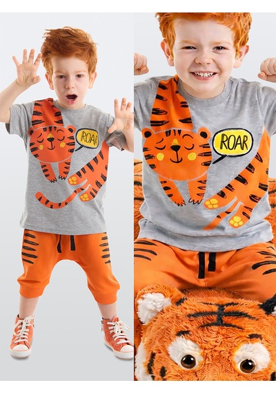 Roar Kaplan Turuncu Erkek Çocuk Yazlık T-shirt Kapri Şort Takım
