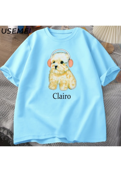 Flood Of Style Clairo Köpek Yavrusu Kulaklık T-shirt Komik Sevimli Kedi Tee Merch Y2k Erkek Giyim Büyük Boy Mavi