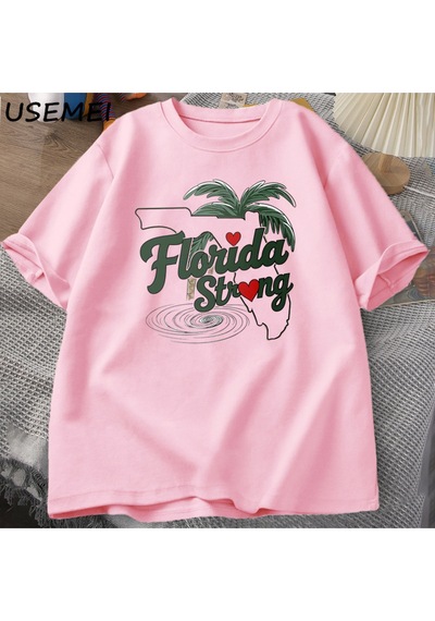 Flood Of Style Florida Strong Graphic T Shirts Cotton Casual Short Sleeve Tshirts Male Printed Graphic Tees Pembe