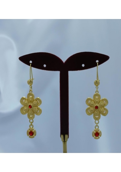 Yeni Sezon Vip Seri Paslanmaz Çelik Çiçek Model Kırmızı Taşlı Altın Kaplama Küpe Gold