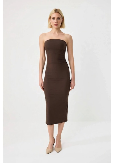 Benerly Kadın Straplez Bodycon Maxi Elbise Kolsuz Derin Yırtmaçlı Poplin Kahverengi