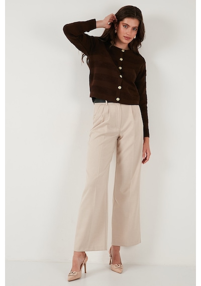 Lela Premium Regular Fit Bisiklet Yaka Düğmeli Dokulu Triko Bayan Hırka 680Hi00337 Kahve