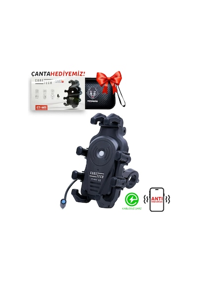 Caretech Ct-m11 Telefon Tutucu Titreşim Önleyicili Motosiklet Gidon Montajlı Type-c Hızlı Şarj Siyah