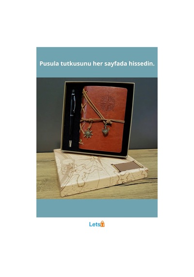 Kahverengi Pusula Tasarım Deri Defter Siyah Kalem Çok Renkli