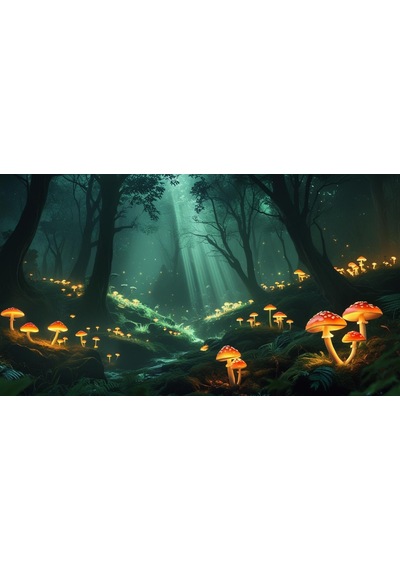 Doğa Ve Manzara Yatay Parlayan Mantarlar Ve Büyülü Işık Huzmeleri Mistik Orman 07 Çerçevesiz 90x60cm Pvc Tablo