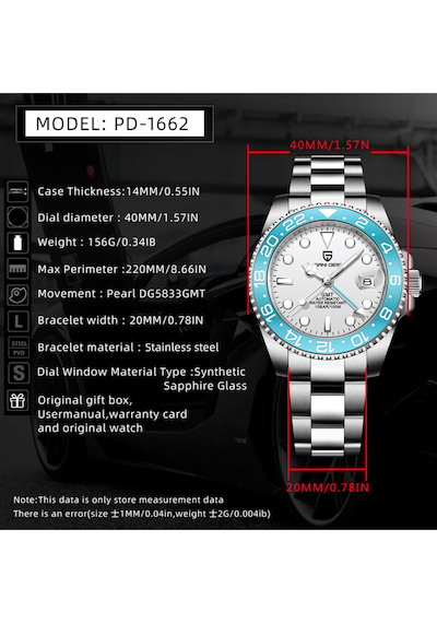 Pd-1662 Gmt-master Erkek Mekanik Saat Lüks Paslanmaz Çelik Su Geçirmez Safir Otomatik Kol Saati Mavi