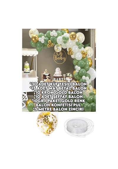 65 Balonlu Balon Zinciri 30 Küf Yeşili ,15 Mat Beyaz, 10 Krom Gol