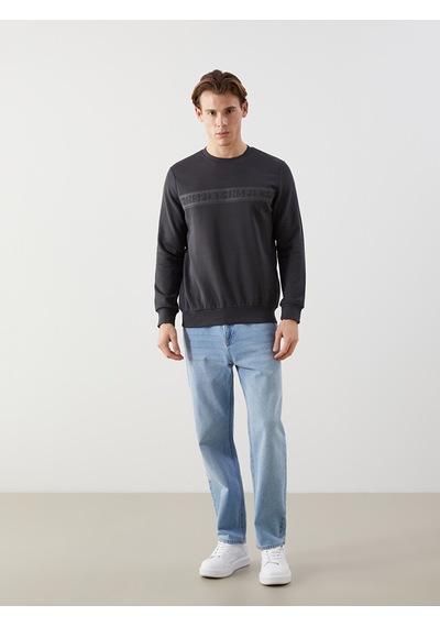 Lcwaıkıkı Classic Antrasit Bisiklet Yaka Baskılı Erkek Kalın Sweatshirt