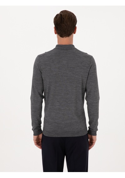 Cacharel Füme Slim Fit Yün Karışımlı Polo Yaka Basic Triko Kazak Gri