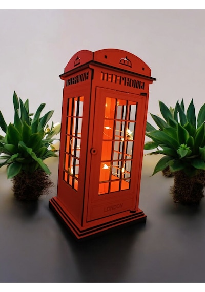 Ahşap Dekoratif Işıklı Londra Telefon Kulübesi - Mumluk, Dekoratif, Süs Londra Telefon Kulübesi