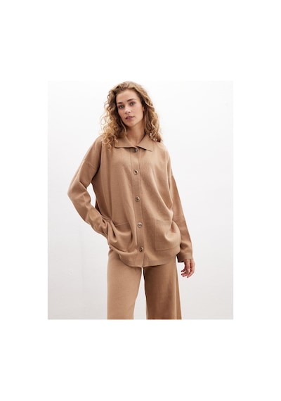 Peraluna Denise Cardigan Polo Yaka Geniş Kesim Pamuk - Yün Kadın Triko Hırka - Camel