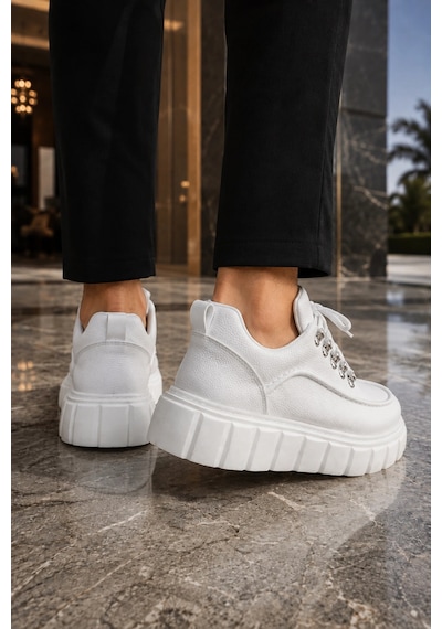 Mevese Duolc Bağcıklı Cilt Erkek Günlük Rahat Taban Sneaker Ayakkabı - Beyaz
