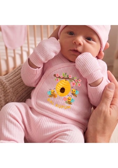 Lexroo %100 Pamuk Yenidoğan Bebek Hastane Çıkış Seti Bal Küpüm Baskılı Pembe 5 'li Bebek Takımı