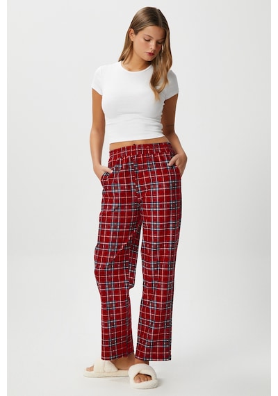 Ritnice Kadın Teddi Ultra Yumuşak Cepli Kırmızı Ekose Desen Yılbaşı Pijama Altı Koyukırmızı Koyu Kırmızı
