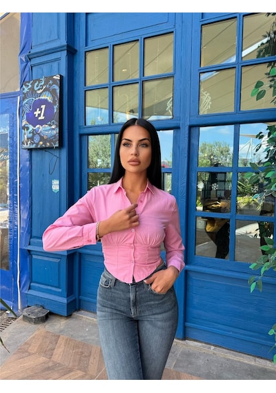 WeShaya Pembe Polyester Pamuk Parçalı Gömlek Pembe