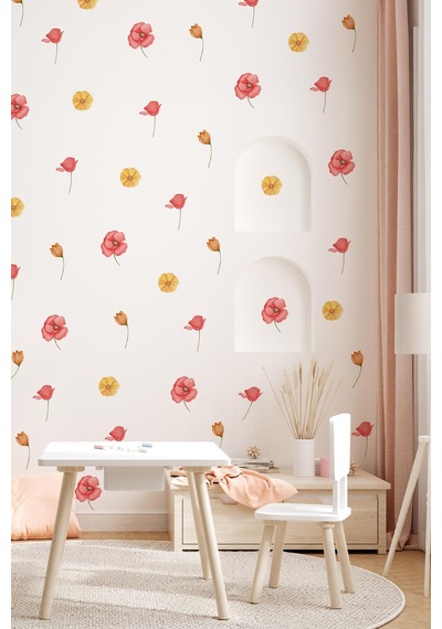 Sarı Ve Pembe Tonlarda Renkli Çiçeklerden Oluşan Sticker Seti 48 Parça Özel Kesimli Mat Sticker Dijital Baskı