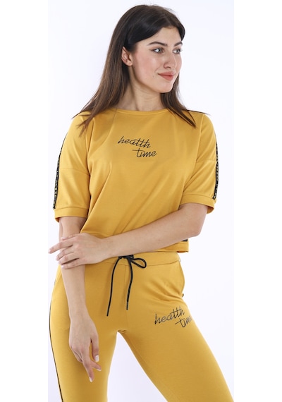 Kadın-Alt-Üst T-Shirt Takım, Rahat Kesim-3828 Hardal