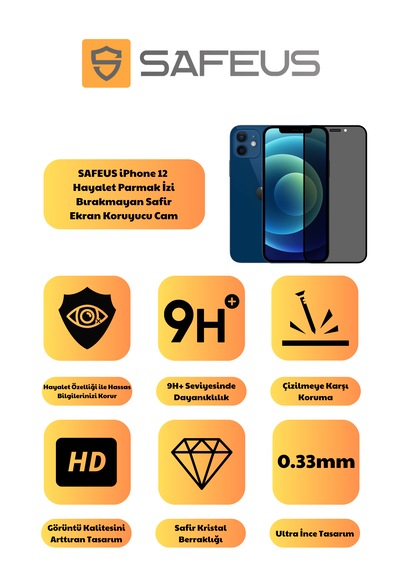 Safeus Tam Kaplayan Hayalet Parmak İzi Bırakmayan Safir Ekran Koruyucu Cam , Apple Uyumlu iPhone 12 İle
