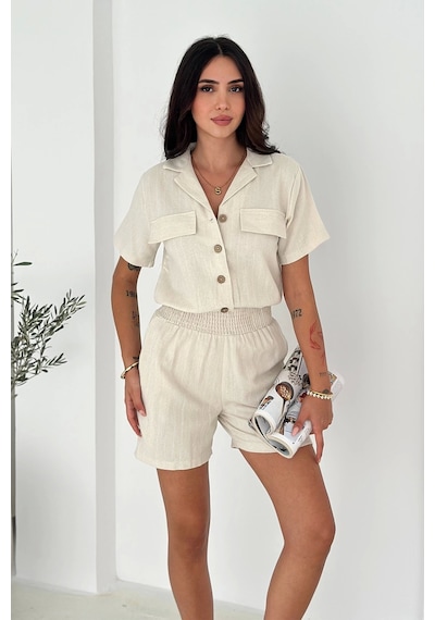 Asprin Fashion Beli Lastikli Şort Gömlek Takım Bej