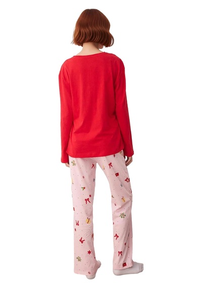 Ersefa Kadın Yılbaşı Desenli Pamuklu Pijama Takımı Fonksiyonel Dayanıklı Kırmızı - Ekru