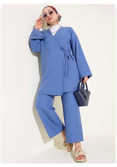 Lovie Moda Kadın Bağcıklı Kimono Takım Mavi