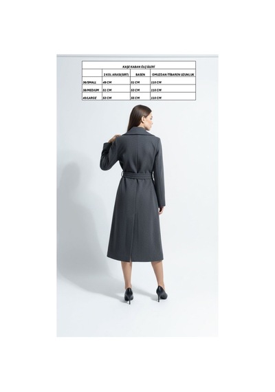 Moda Banuş Kadın Kuşaklı Cepli Yırtmaçlı Astarlı Tüylenmez Kaşe Kaban Antrasit Gri