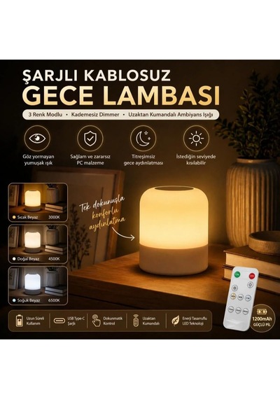 3 Renkli Şarjlı Gece Lambası Kumandalı Kablosuz Masa Lambası Çok Renkli