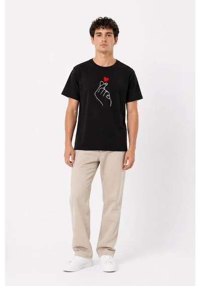 Veraura Lifestyle Erkek Kore Parmak Aşk Temalı Minimal Baskılı Tişört Yazlık Kısa Kol T-shirt - Siyah