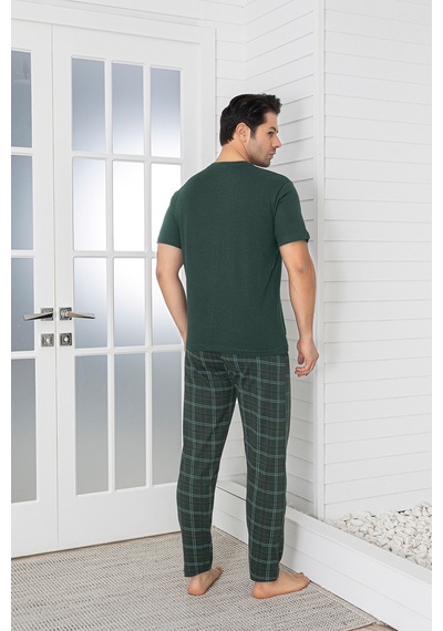 Sude Homewear Erkek Ekoseli Cepli Kısa Kollu Pijama Takımı Haki