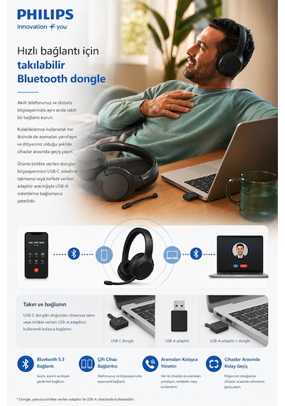 Philips TAH8507BK ANC Pro Mikrofonlu Kulak Üstü Bluetooth Kulaklık
