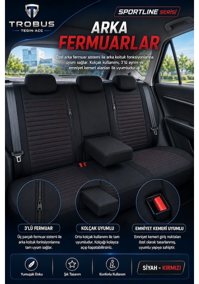 Seat Ateca 2016 Sonrası Uyumlu Sportline Serisi Siyah Kırmızı Ortopedik Tay Tüyü Koltuk Kılıfı